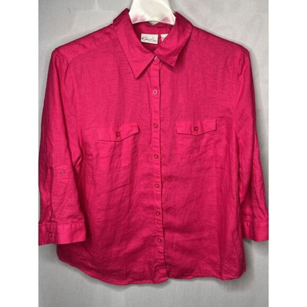 Women's PL Kim Roger's 100% Linen Pink Button Down Blouse 3/4‎ Sleeve